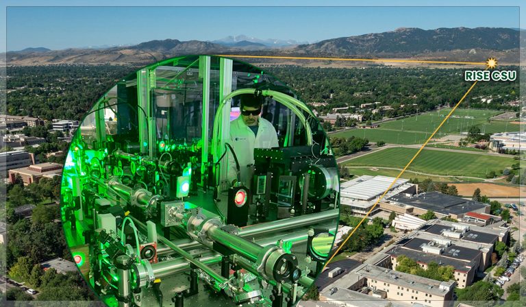 Landscape image of Fort Collins with image of a guy working on a laser superimposed